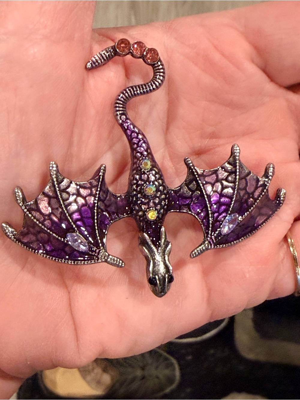 Purple & Pink Enamel silver tone Dragon Brooch with AB Accents